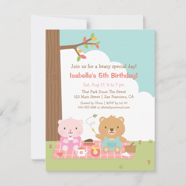 Invitation Pique-nique ourson mignon fête d'anniversaire d'en (Devant)