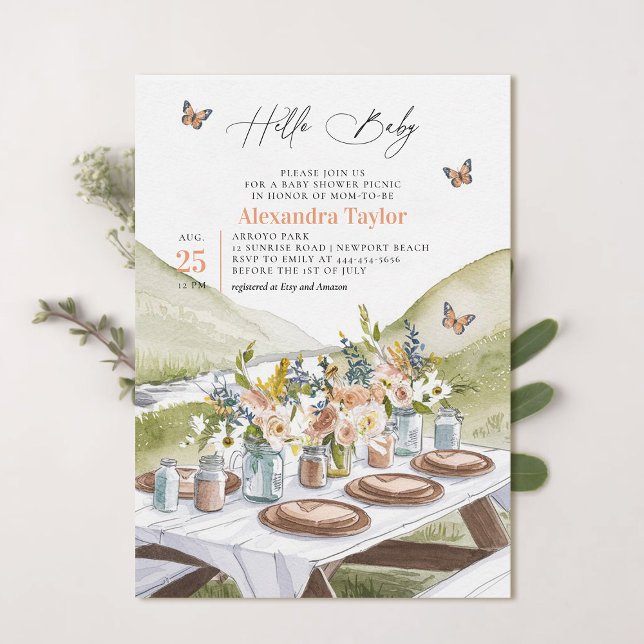 Invitation Pique-nique Pêcher Fleur sauvage Papillons Baby sh (picnic baby shower invitation park summer watercolor butterflies cute fun casual classy neutral)
