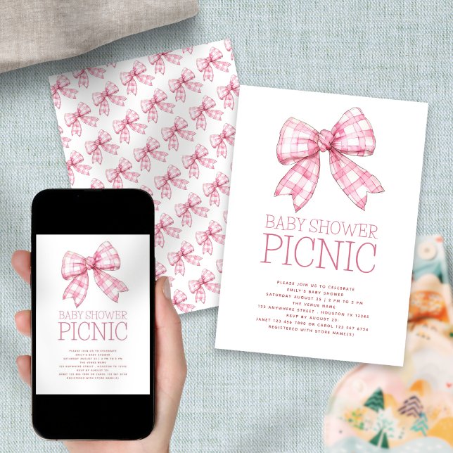 Invitation Pique-nique Pink Gingham Bow Baby Shower (Available digitally and printed)