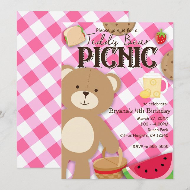 Invitation Pique-nique Pique-Nique Ours Rosé Anniversaire Inv (Devant / Derrière)