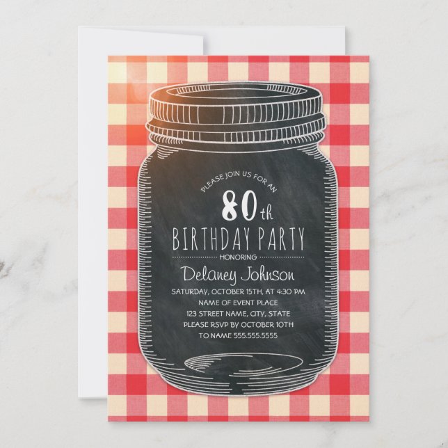 Invitation Pique-nique Rustic Mason Jar 80e anniversaire (Devant)