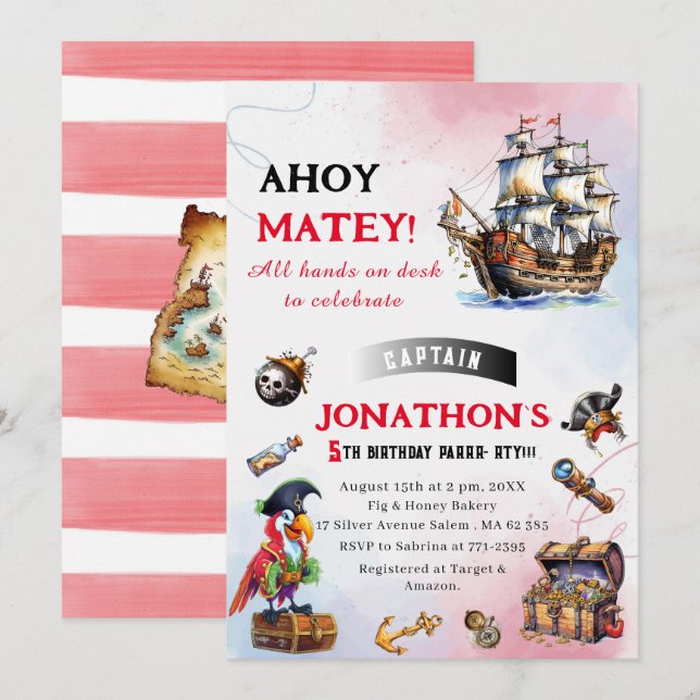 Invitation Pirate aquarelle fête d'anniversaire (Devant / Derrière)