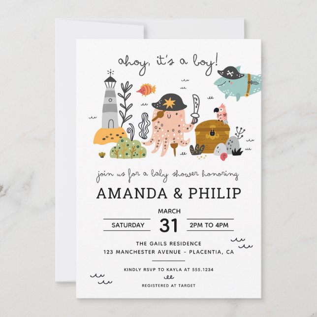 Invitation Pirate Baby shower Ahoy C'est un garçon (Devant)