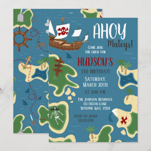 Invitation Pirate Birthday Treasure Map Bleu