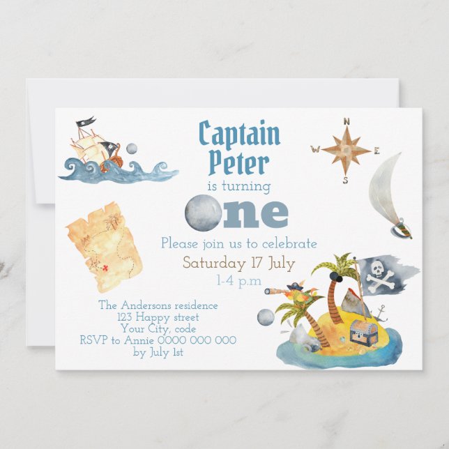 Invitation Pirate Capitaine Cute Premier Anniversaire (Devant)