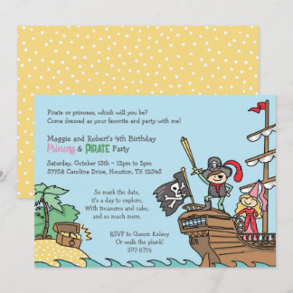 Invitation Pirate et Princess Party Treasures Twins Royal Fun