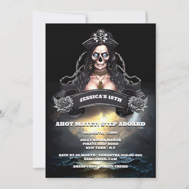 Invitation Pirate femme orageuse océan thème d'anniversaire (Devant)