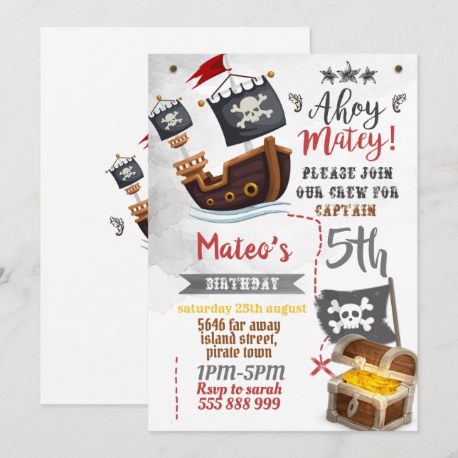 Invitation pirate - Fête d'anniversaire pirate (Devant / Derrière)