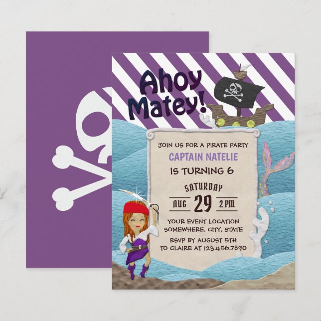 Invitation Pirate Girl Purple Stripes 6e fête d'anniversaire (Devant / Derrière)