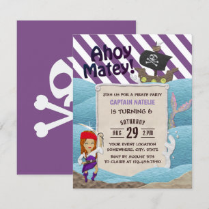 Invitation Pirate Girl Purple Stripes 6e fête d'anniversaire