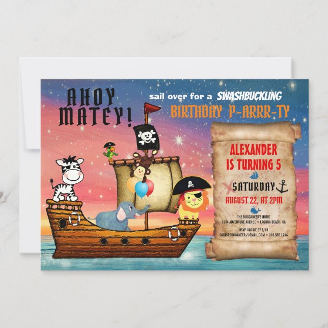 Invitation Pirate Safari Ahoy Matey Nautique Anniversaire (Devant)