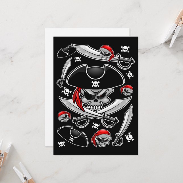 Invitation Pirate Skull avec Sabres croisés (Devant/Arrière en situation)