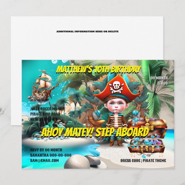 Invitation Pirate thème anniversaire garçon swashbuckling tou (Devant / Derrière)