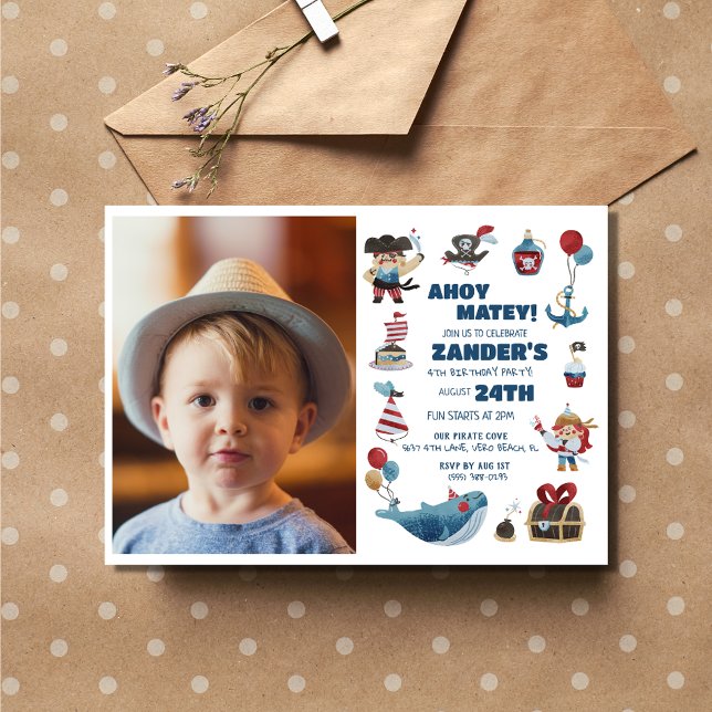 Invitation Pirate Thème Photo Boys 4e fête d'anniversaire (Pirate Theme Photo Boys 4th Birthday Party Invitation)