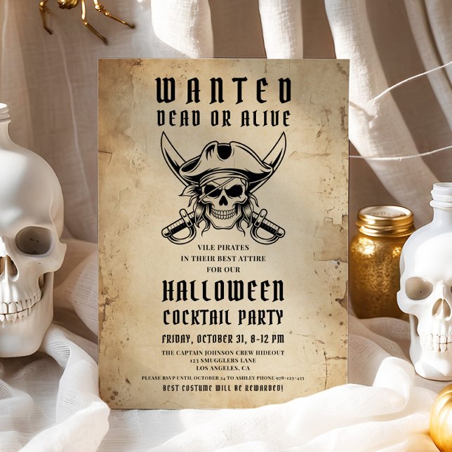 Invitation Pirate vintage Halloween Cocktail Party (Vintage Pirate Skull Halloween Cocktail Party Invitation)