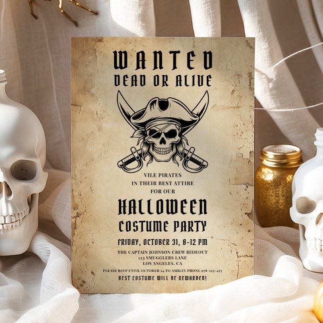Invitation Pirate vintage Halloween Costume Party (Vintage Pirate Skull Halloween Costume Party Invitation)