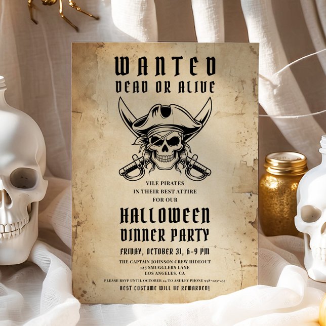 Invitation Pirate vintage Halloween Diner (Vintage Pirate Skull Halloween Dinner Party Invitation)