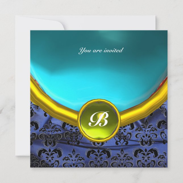 Invitation PIRRE DAMASQUÉE MONOGRAMME bleu noir jaune blanc (Devant)