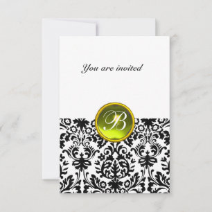 Invitation PIRRE FIN MONOGRAMME DAMASK  jaune blanc rsvp