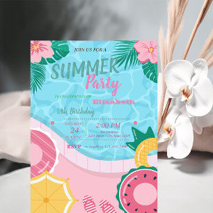 Invitation Piscine à fleurs tropicales fête d'anniversaire