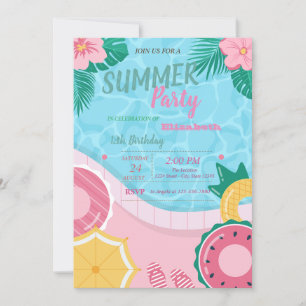 Invitation Piscine à fleurs tropicales fête d'anniversaire