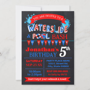 Invitation Piscine à toboggan Anniversaire Fête Bassin Rouge 