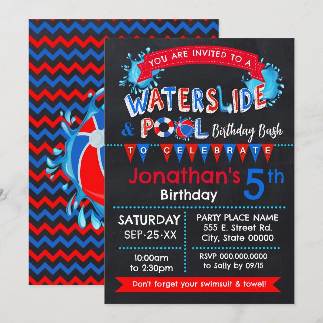 Invitation Piscine à toboggans Chalkboard Anniversaire fête B (Devant / Derrière)