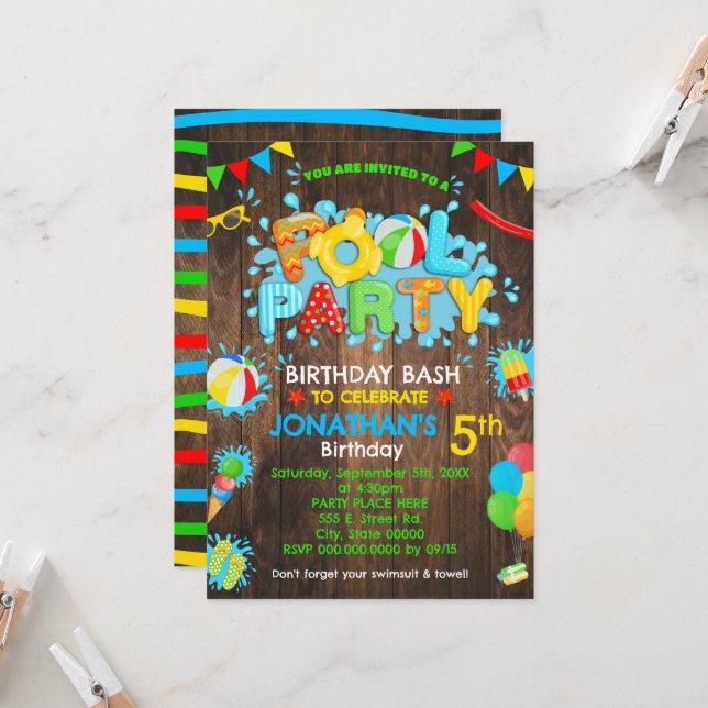 Invitation Piscine Anniversaire Fête Caoutchouc Couleur prima (Devant/Arrière en situation)