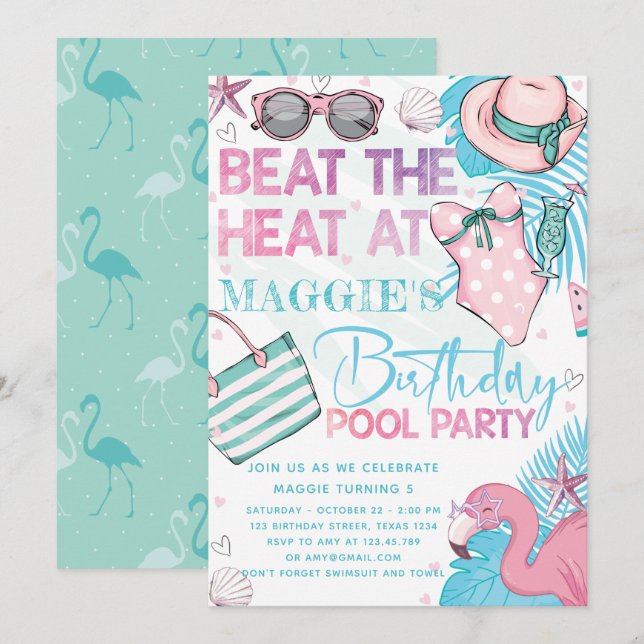 Invitation Piscine Anniversaire Soirée Rose Turquoise Invitat (Devant / Derrière)