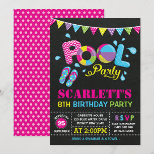 Invitation Piscine colorée Fête Filles Anniversaire Piscine