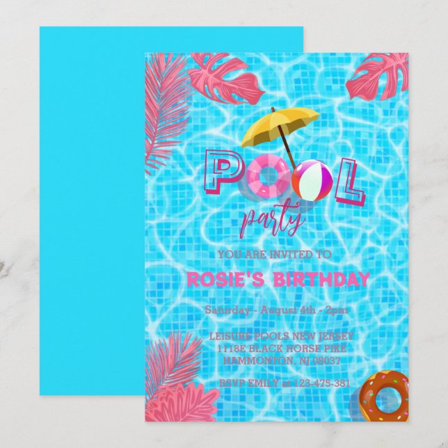 Invitation Piscine Cool Bleue Fête & été Piscine Anniversaire (Devant / Derrière)