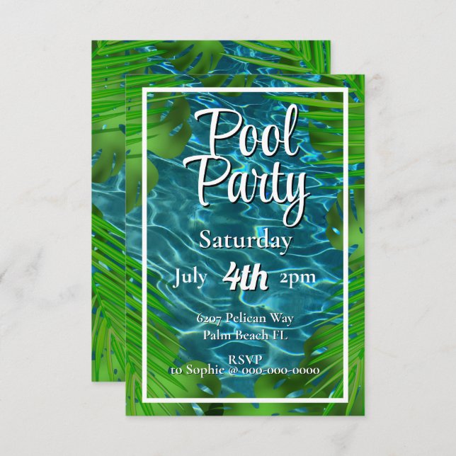 Invitation Piscine cool feuilles (Devant / Derrière)