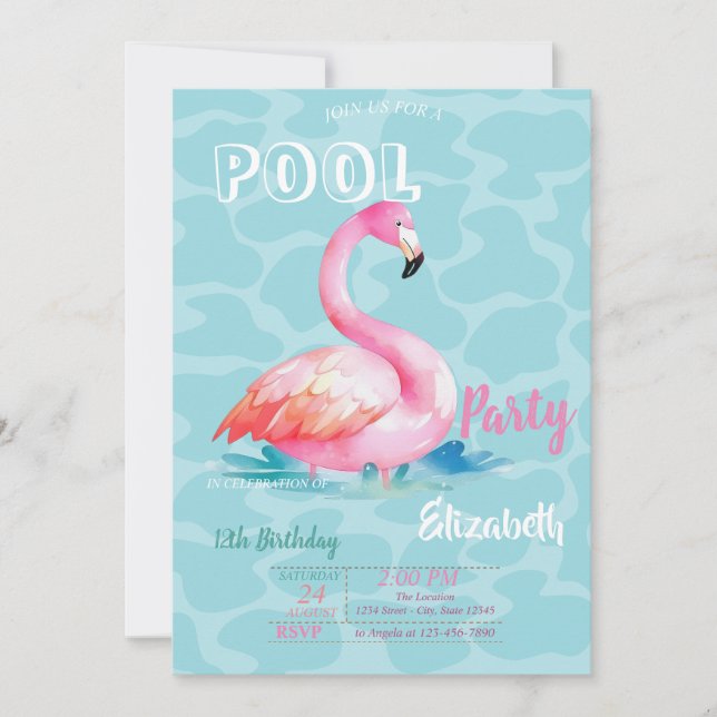 Invitation Piscine cool Flamants roses roses été Anniversaire (Devant)