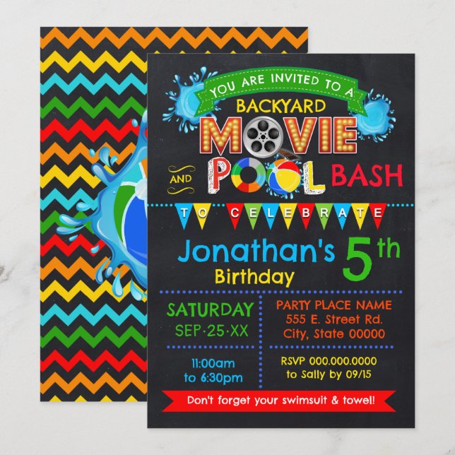 Invitation Piscine de cinéma Anniversaire Fête Basse Couleurs (Devant / Derrière)