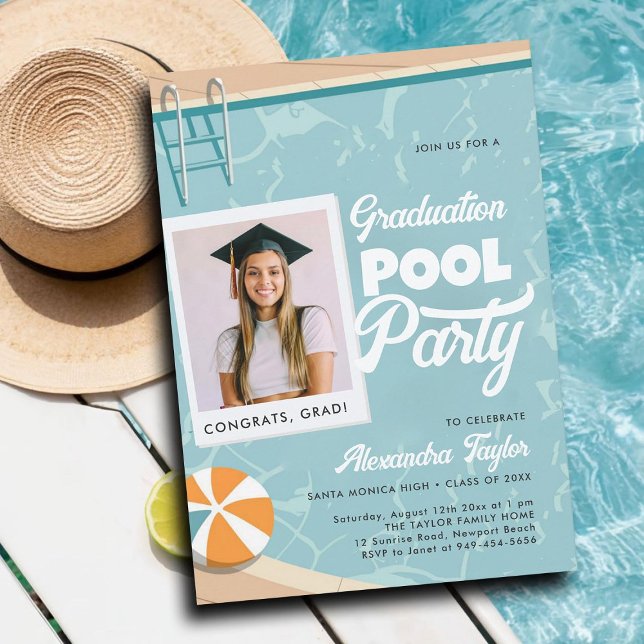 Invitation Piscine de graduation fête moderne été Elégant pho (graduation pool party invitations grad photo template cards summer calligraphy modern teal elegant)