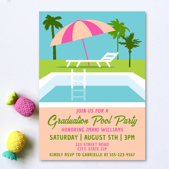 Invitation Piscine de graduation Fête Piscine tropicale (Graduation pool party invitation on a light background with tropical pineapple accessories.)