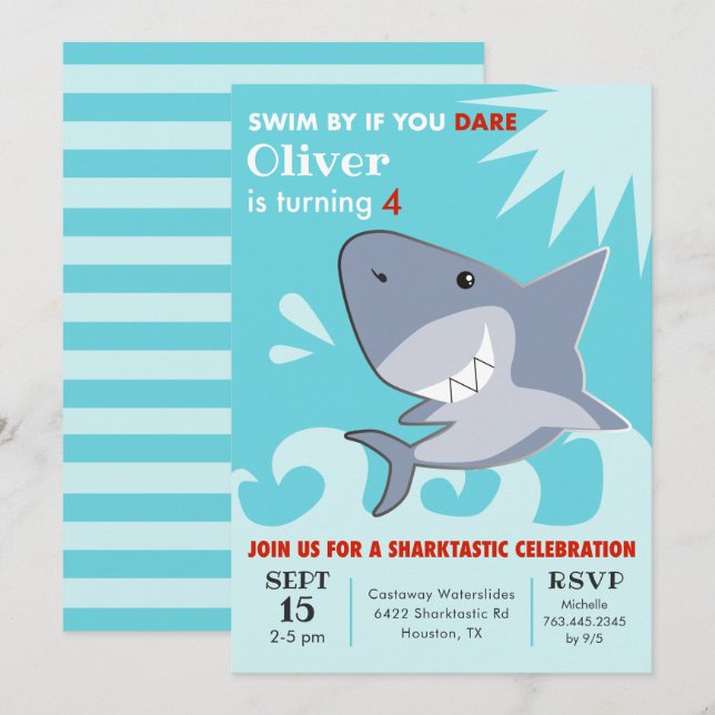 Invitation Piscine de requin fête d'anniversaire Sharktastic (Devant / Derrière)