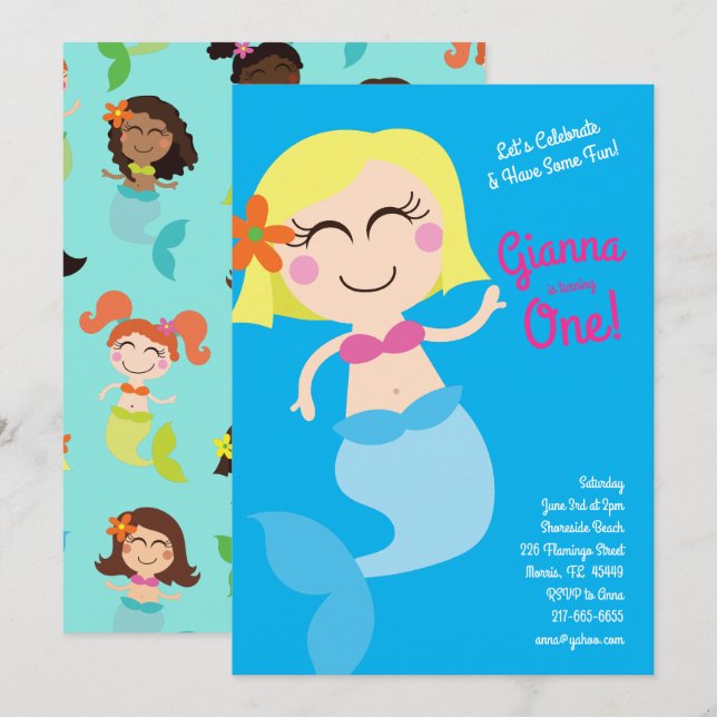 Invitation Piscine de sirènes Enfants d'anniversaire (Devant / Derrière)