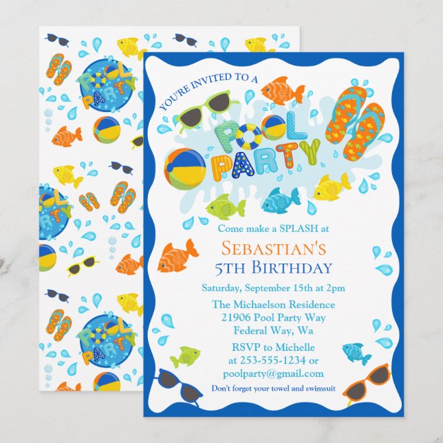 Invitation Piscine d'été Fête d'anniversaire (Devant / Derrière)