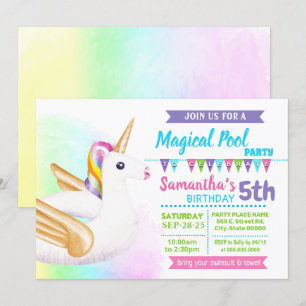 Invitation Piscine d'Unicorne fête d'anniversaire pastel rain