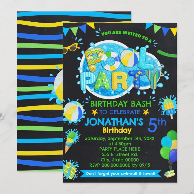 Invitation Piscine été Anniversaire Bleu Vert Jaune Fête (Devant / Derrière)