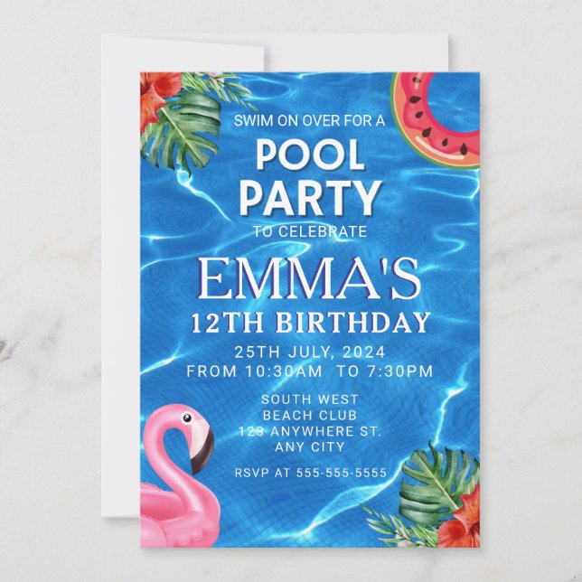 Invitation Piscine fête d'anniversaire (Devant)