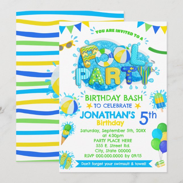 Invitation Piscine fête d'anniversaire bleu vert jaune (Devant / Derrière)