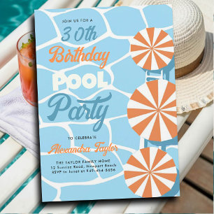 Invitation Piscine Fête Été Bleu Orange Parapluies Anniversai