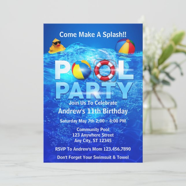 Invitation Piscine Fête Été Piscine Plongée Anniversaire (Debout devant)