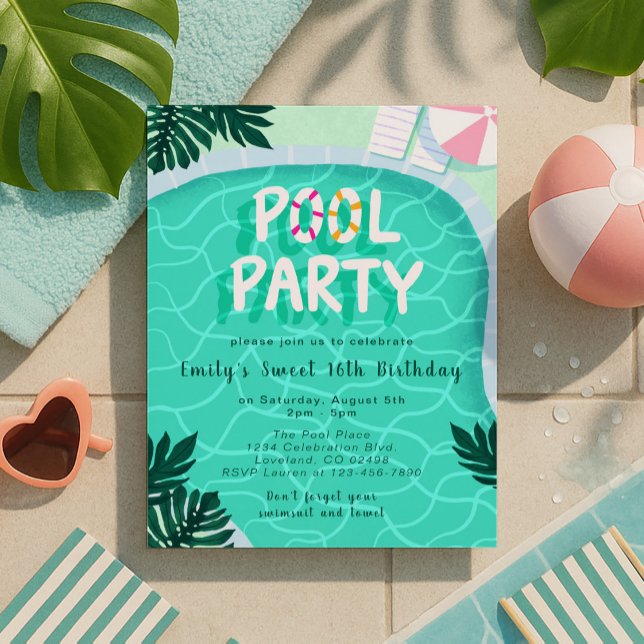 Invitation Piscine Fête Été Sweet sixteen moderne Anniversair (Créateur téléchargé)