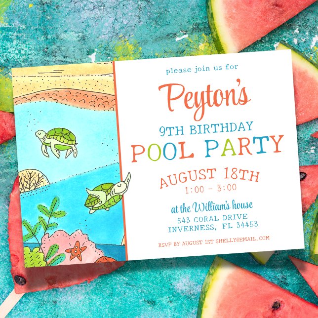 Invitation Piscine fêtes de la tortue marine été Anniversaire (Créateur téléchargé)