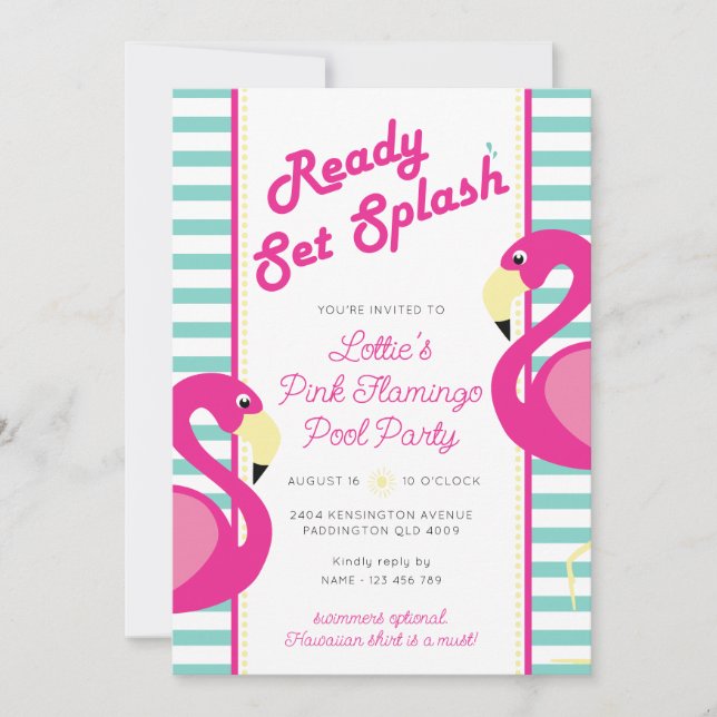 Invitation Piscine Flamant rose rose fête anniversaire Invita (Devant)