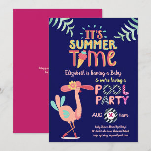 Invitation PISCINE Flamant rose Tropicale Pink Blue Quirky Fu