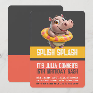 Invitation Piscine Hippo, Pool Party Anniversaire